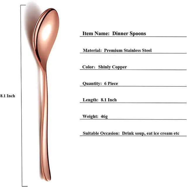 Alt view image 2 of 7 - Copper Dinner Spoons 6 Piece, 8.1'' Stainless Steel Tablespoons, Soup Spoons, Dessert Spoons, Spoons Silverware for Home, Kitchen or Restauran,Dishwasher Safe