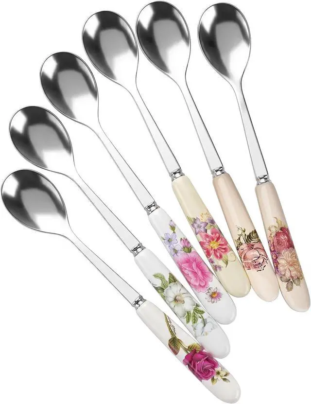Main image of YOLIFE 6 Pcs Teaspoons, 6 Inch Multicolored Tea Spoons | Stainless Steel with Ceramic Handle Coffee Spoons, Small Ivory Vintage Tea Spoons for Dessert, Sugar, Tea Party