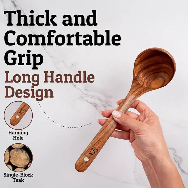Alt view image 3 of 7 - PriorityChef Premium Wooden Ladle for Soup - Handcrafted Teak Wooden Soup Spoon with Long Handle for Cooking and Serving - Deep Wood Ladel for Kitchen Use - Nonstick Safe Wood Ladle