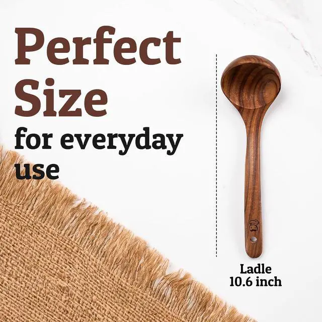 Alt view image 4 of 7 - PriorityChef Premium Wooden Ladle for Soup - Handcrafted Teak Wooden Soup Spoon with Long Handle for Cooking and Serving - Deep Wood Ladel for Kitchen Use - Nonstick Safe Wood Ladle