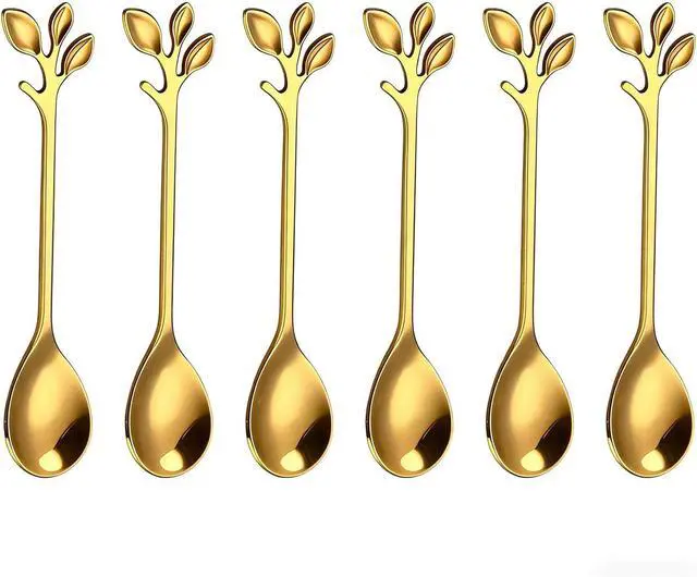Main image of 6 Pack Coffee Stirring Spoons 4.8" Dessert Tea Leaf Stainless Steel Spoons | Gold Leaf Handle Spoons, 4.8 Inch Fits Espresso Cups, Stir Tea Cocktail Dessert, Decorative Small Stirring Spoons