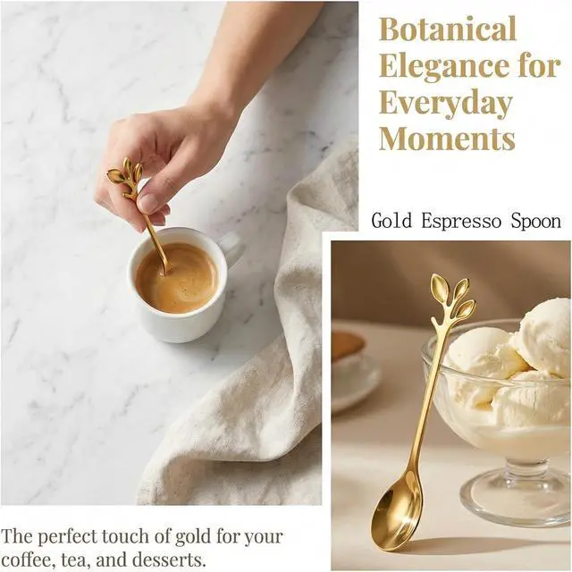 Alt view image 5 of 7 - 6 Pack Coffee Stirring Spoons 4.8" Dessert Tea Leaf Stainless Steel Spoons | Gold Leaf Handle Spoons, 4.8 Inch Fits Espresso Cups, Stir Tea Cocktail Dessert, Decorative Small Stirring Spoons