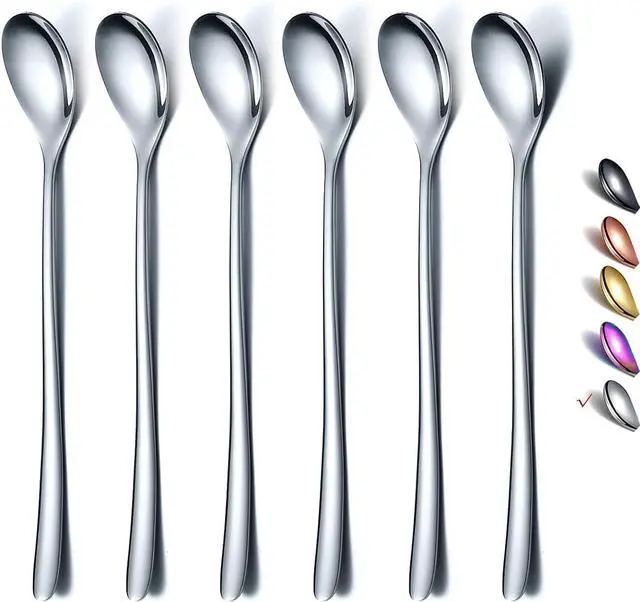 Main image of Premium Stainless Steel Coffee Stirrer Set, Long Handle, Ice Tea & Cream Spoons, Cocktail Stirrer - Set of 6 (Silver)