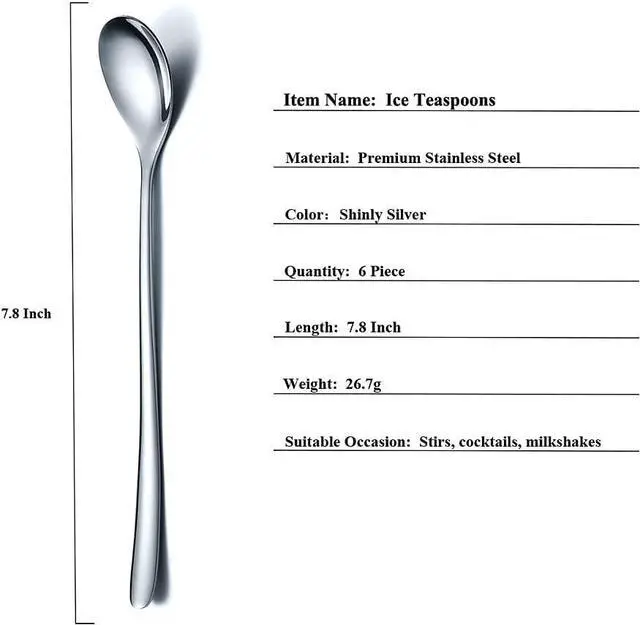 Alt view image 2 of 7 - Premium Stainless Steel Coffee Stirrer Set, Long Handle, Ice Tea & Cream Spoons, Cocktail Stirrer - Set of 6 (Silver)