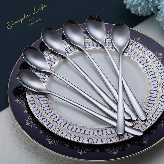 Alt view image 3 of 7 - Premium Stainless Steel Coffee Stirrer Set, Long Handle, Ice Tea & Cream Spoons, Cocktail Stirrer - Set of 6 (Silver)