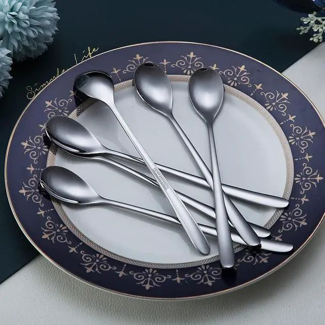 Alt view image 4 of 7 - Premium Stainless Steel Coffee Stirrer Set, Long Handle, Ice Tea & Cream Spoons, Cocktail Stirrer - Set of 6 (Silver)
