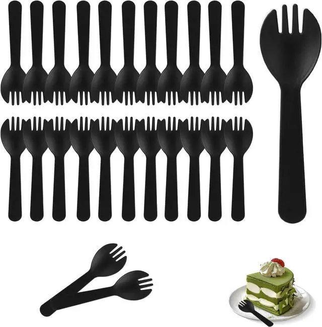 Main image of 100Pcs Mini Plastic Sporks Individually Wrapped, 4.2Inch Black Disposable Spoon Fork Utensils Combo for Kids Parties, Office Snacks, Catering, Restaurants & To-Go Use