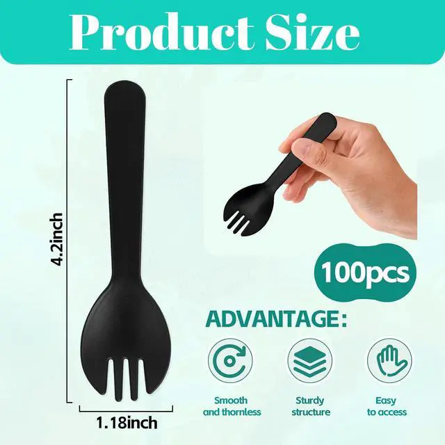 Alt view image 2 of 6 - 100Pcs Mini Plastic Sporks Individually Wrapped, 4.2Inch Black Disposable Spoon Fork Utensils Combo for Kids Parties, Office Snacks, Catering, Restaurants & To-Go Use