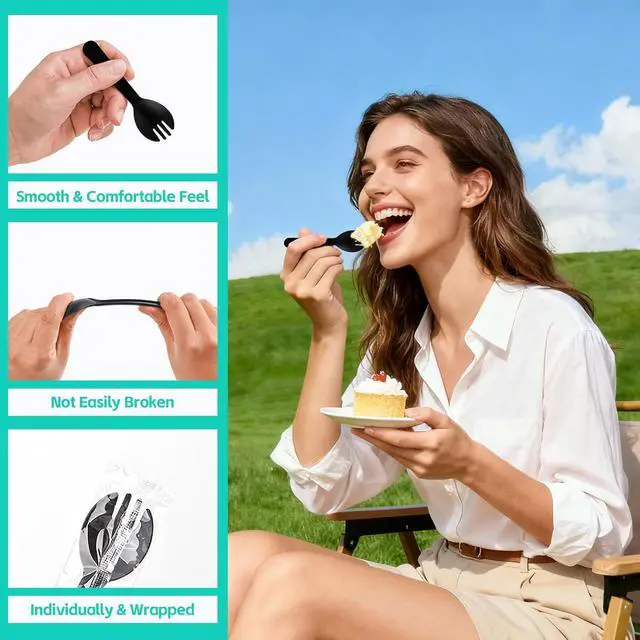 Alt view image 3 of 6 - 100Pcs Mini Plastic Sporks Individually Wrapped, 4.2Inch Black Disposable Spoon Fork Utensils Combo for Kids Parties, Office Snacks, Catering, Restaurants & To-Go Use