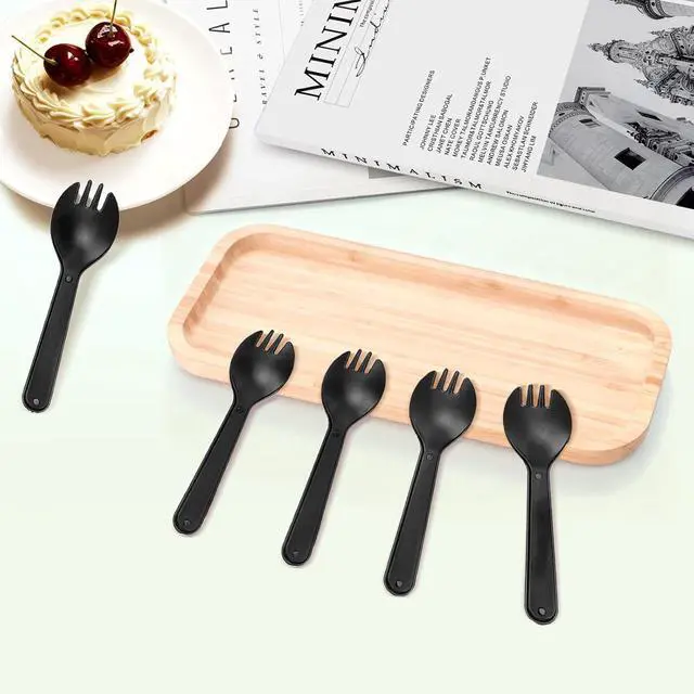 Alt view image 4 of 6 - 100Pcs Mini Plastic Sporks Individually Wrapped, 4.2Inch Black Disposable Spoon Fork Utensils Combo for Kids Parties, Office Snacks, Catering, Restaurants & To-Go Use