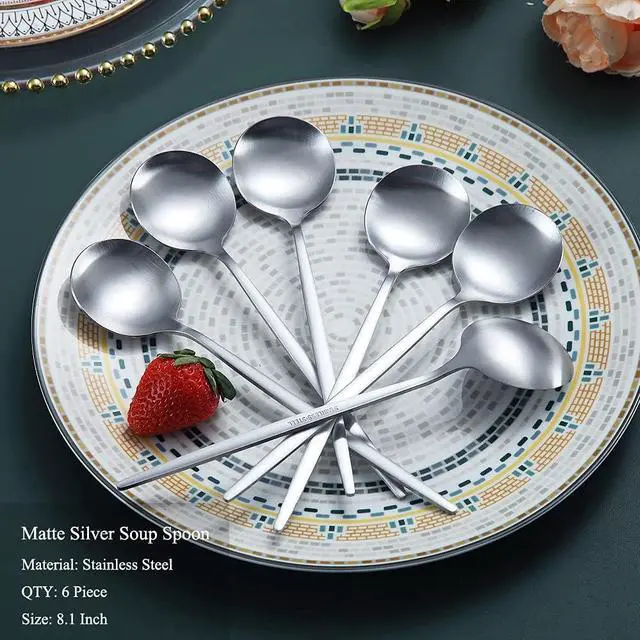 Alt view image 2 of 7 - Matt Silver 6 Piece Stainless Steel Tablespoons, Soup & Dessert Spoons - 8.1 Inch, Dishwasher Safe