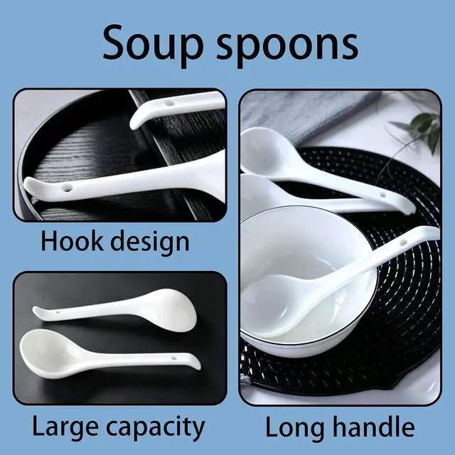 Alt view image 3 of 6 - Soup Spoons,6.3"Ceramic Asian Soup Spoons, White Japanese Spoon Large for Ramen Pho Wonton Dumpling Miso,Hook Design, Set of 5
