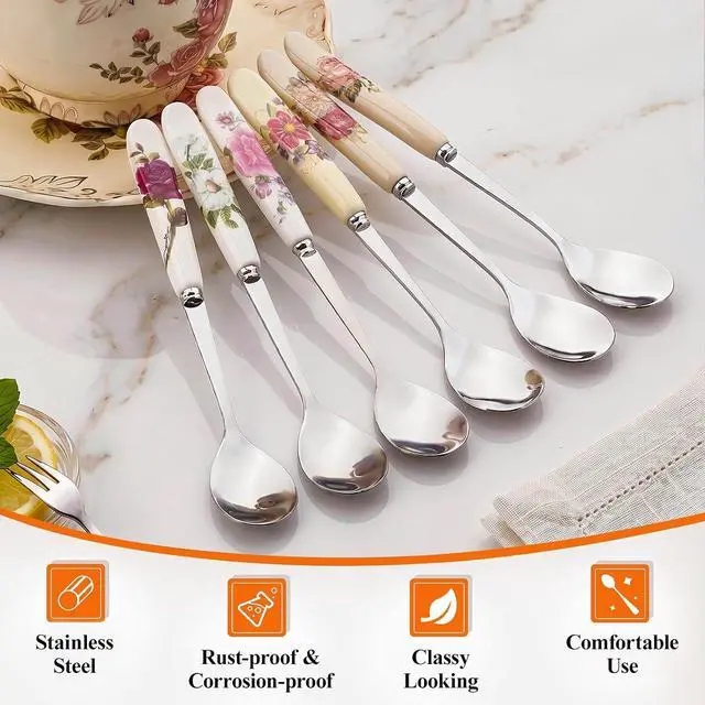 Alt view image 5 of 7 - YOLIFE 6 Pcs Teaspoons, 6 Inch Multicolored Tea Spoons | Stainless Steel with Ceramic Handle Coffee Spoons, Small Ivory Vintage Tea Spoons for Dessert, Sugar, Tea Party
