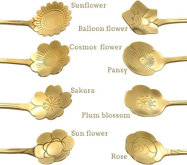 Alt view image 3 of 7 - AnSaw 8 Piece Flower Scoop Set, 4.9" Gold Mini Coffee Spoons | Stainless Steel Reusable Tea Scoops Cake Spoon Set for Tea Parties