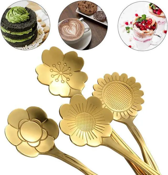 Alt view image 5 of 7 - AnSaw 8 Piece Flower Scoop Set, 4.9" Gold Mini Coffee Spoons | Stainless Steel Reusable Tea Scoops Cake Spoon Set for Tea Parties