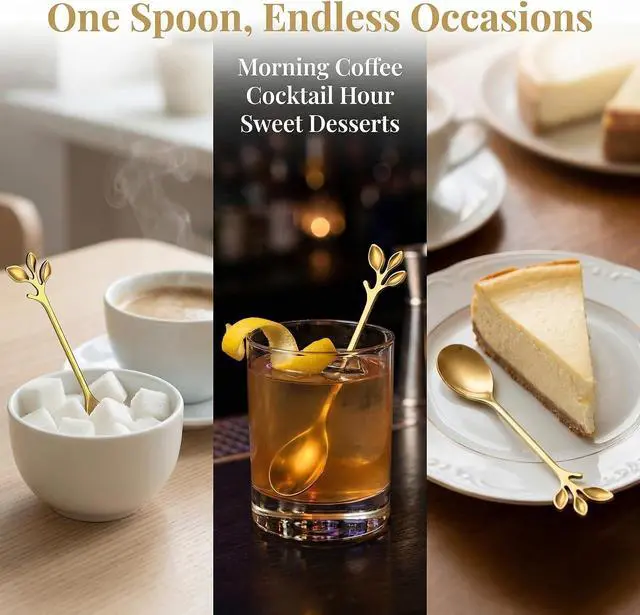 Alt view image 7 of 7 - 6 Pack Coffee Stirring Spoons 4.8" Dessert Tea Leaf Stainless Steel Spoons | Gold Leaf Handle Spoons, 4.8 Inch Fits Espresso Cups, Stir Tea Cocktail Dessert, Decorative Small Stirring Spoons