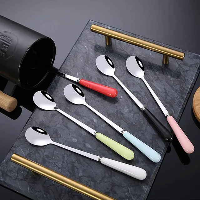 Alt view image 7 of 7 - 3PCS Mixing Spoons for Coffee, Dessert, Ice Cream, Milkshake, Stainless Steel Iced Teaspoon with Ceramic Handle Tablespoons Espresso Cocktail Stirring Spoons, 6.8-Inch (Red)
