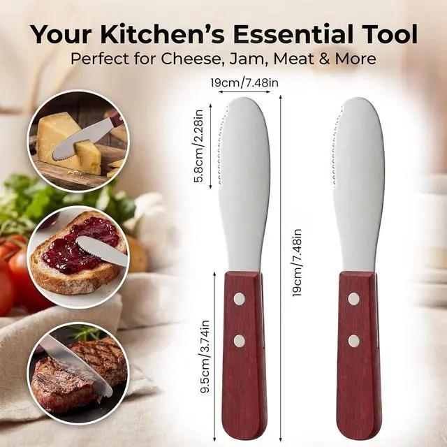 Alt view image 2 of 7 - Butter Spreader Knife, 2 PCS Cheese Knives Stainless Steel Sandwich Knife Butter Knives Spreader Set with Wood Handle for Sandwich Cream Toast Appetizers Serving Party Supplies