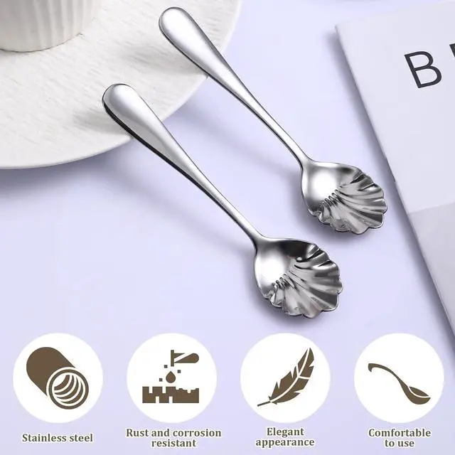 Alt view image 2 of 7 - 2PCS Shell Shape Stainless Steel Sugar Spoon, Small Spoons for Dessert Tiny Jelly Spoon Salt Spoon Mini Espresso Spoons Tea Spoons Vintage Stirring Spoons for Spice Chocolate, Jam, Dishwasher Safe