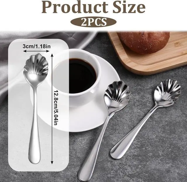 Alt view image 4 of 7 - 2PCS Shell Shape Stainless Steel Sugar Spoon, Small Spoons for Dessert Tiny Jelly Spoon Salt Spoon Mini Espresso Spoons Tea Spoons Vintage Stirring Spoons for Spice Chocolate, Jam, Dishwasher Safe