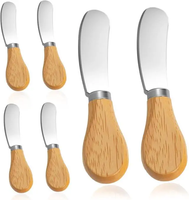 Main image of 6 Pcs - Cheese Knife Set with Wooden Handle, Stainless Steel Butter Spreader for Charcuterie, Sandwiches, Dips, and Appetizers - Gift Set for Cheese Lovers