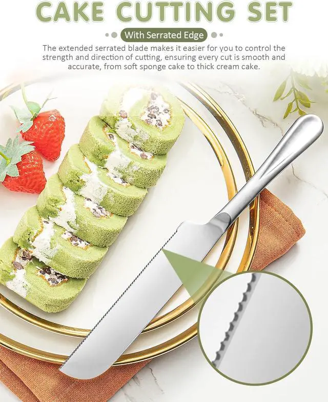 Alt view image 3 of 7 - 2-Piece Premium Cake Cutting Set, Exquisite Knife and Server with Serrated Design, Includes Cake Knife and Pie Spatula for Pastry, Pizza and Desserts (Silver)