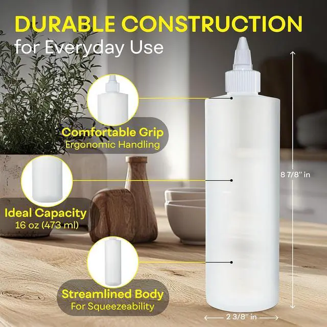 Alt view image 2 of 7 - BRIGHTFROM Condiment Squeeze Bottles, 16 OZ Empty Squirt Bottle with Twist Top Cap, Leak Proof - Great for Ketchup, Mustard, Syrup, Sauces, Dressing, Oil, Arts and Crafts, BPA FREE Plastic - 4 PACK