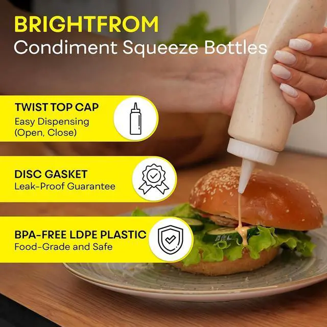 Alt view image 2 of 7 - BRIGHTFROM Condiment Squeeze Bottles 8 OZ Wide Neck, Empty Squirt Bottles - Removable Top-Cap, Leak Proof for Ketchup, Mustard, Syrup, Sauces, Dressing, Oil, Arts, LDPE BPA FREE Plastic - 2 PACK