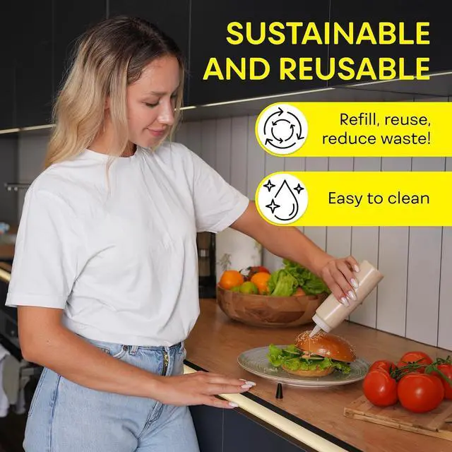 Alt view image 7 of 7 - BRIGHTFROM Condiment Squeeze Bottles 8 OZ Wide Neck, Empty Squirt Bottles - Removable Top-Cap, Leak Proof for Ketchup, Mustard, Syrup, Sauces, Dressing, Oil, Arts, LDPE BPA FREE Plastic - 2 PACK