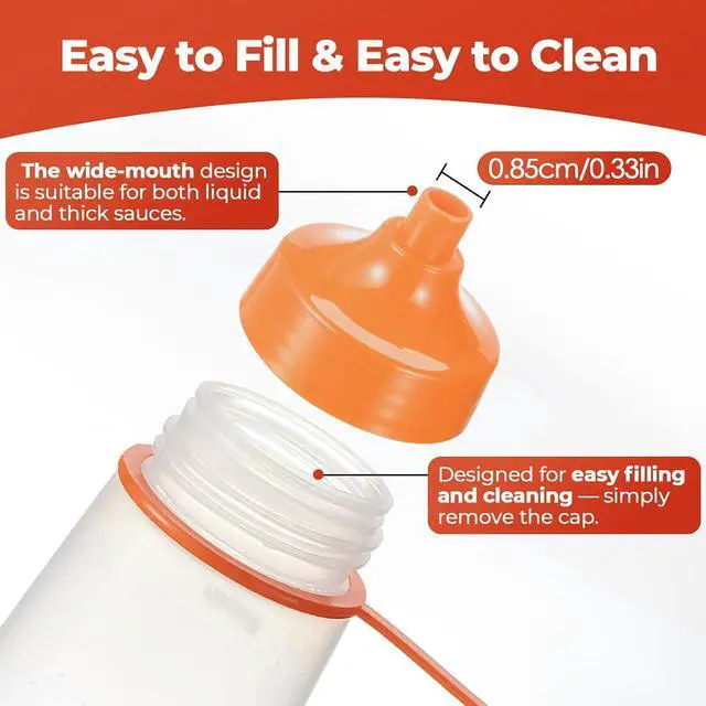 Alt view image 3 of 7 - Squeeze Bottles Wide Mouth - Pack of 2 Condiment Bottle Squeeze BPA free for Chunky Sauces, Resin, Crafts, Condiment Squeeze Bottles 300 mL/10 oz. (Orange)