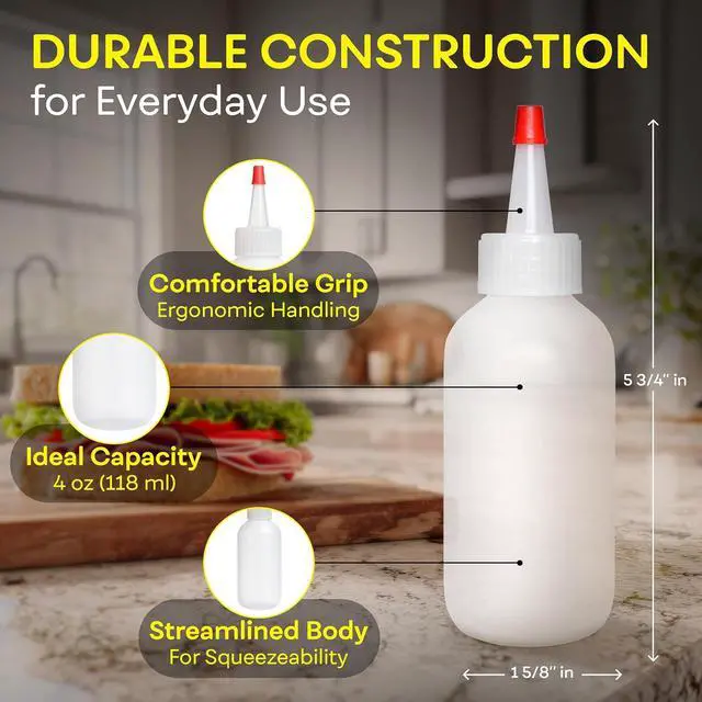 Alt view image 3 of 7 - BRIGHTFROM Condiment Squeeze Bottles - 4 OZ Squirt Empty Bottles, Red Top Cap, Leak Proof - Great for Ketchup, Mustard, Syrup, Sauces, Dressing, Oil, Arts and Crafts, BPA-FREE Plastic - Pack of 2