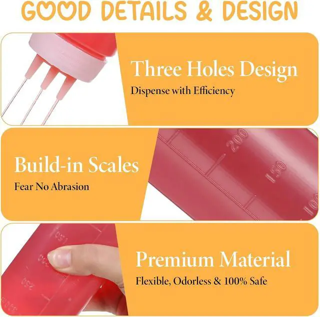 Alt view image 3 of 7 - Qianyu 3 Pcs 3 Hole Squeeze Bottle 300ml/10oz Tomato Ketchup Squirt Bottles Kitchen Condiment Squeeze Dispenser Container for Sauce Ketchup Mustard Syrup Oil BBQ Paint Honey Pancake