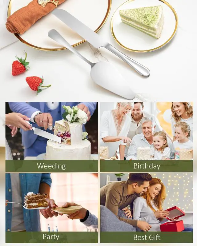 Alt view image 7 of 7 - 2-Piece Premium Cake Cutting Set, Exquisite Knife and Server with Serrated Design, Includes Cake Knife and Pie Spatula for Pastry, Pizza and Desserts (Silver)