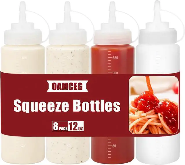 Main image of OAMCEG 12oz Condiment Squeeze Bottles, 4 Pack Durable Plastic Sauce Bottles | Squirt Bottle with Discrete Measurements for Salad, BBQ, Syrup, Ketchup Bottles for Condiments, Dressings, Arts and Crafts