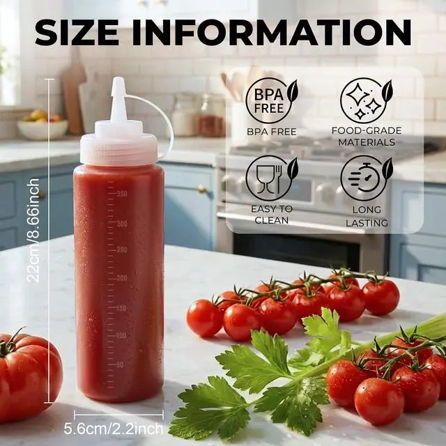 Alt view image 2 of 5 - OAMCEG 12oz Condiment Squeeze Bottles, 4 Pack Durable Plastic Sauce Bottles | Squirt Bottle with Discrete Measurements for Salad, BBQ, Syrup, Ketchup Bottles for Condiments, Dressings, Arts and Crafts