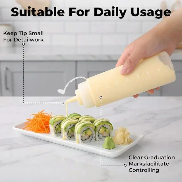 Alt view image 3 of 5 - OAMCEG 12oz Condiment Squeeze Bottles, 4 Pack Durable Plastic Sauce Bottles | Squirt Bottle with Discrete Measurements for Salad, BBQ, Syrup, Ketchup Bottles for Condiments, Dressings, Arts and Crafts