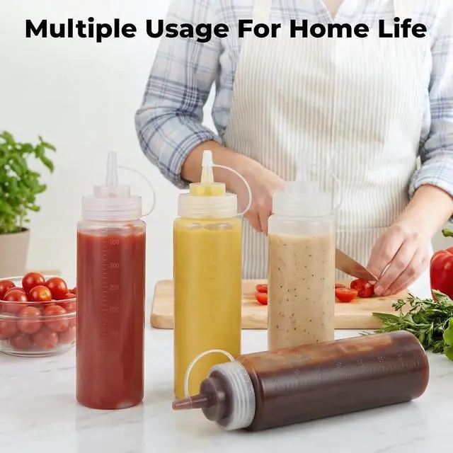 Alt view image 5 of 5 - OAMCEG 12oz Condiment Squeeze Bottles, 4 Pack Durable Plastic Sauce Bottles | Squirt Bottle with Discrete Measurements for Salad, BBQ, Syrup, Ketchup Bottles for Condiments, Dressings, Arts and Crafts
