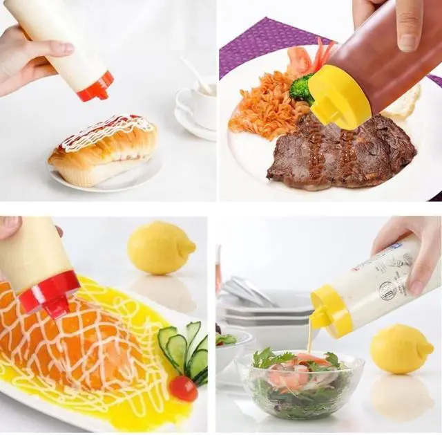 Alt view image 6 of 7 - Jilukibo 4 Hole Jam Squeeze Bottle with Cap Lids, 300ml Large Capacity Leak Proof Condiment Squeeze Sauce Bottles for Salad Dressing, Ketchup, Mayonnaise, Olive Oil (2 Pack)