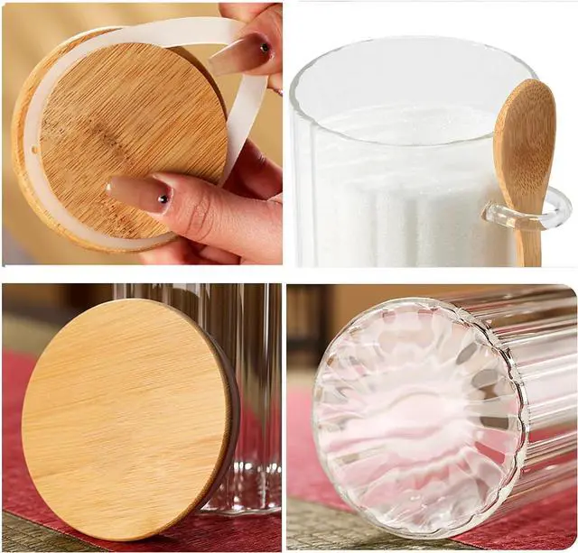 Alt view image 5 of 7 - Glass Jar Sugar Container with Bamboo Spoons Lids, 16 fl.oz Sugar Bowl | Airtight Brown Sugar Jar, Coffee Bar Food Storage Canister, For Candy Salts Spice Cereal Nuts Coffee Tea