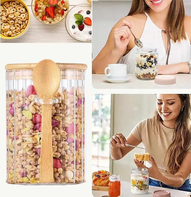 Alt view image 6 of 7 - Glass Jar Sugar Container with Bamboo Spoons Lids, 16 fl.oz Sugar Bowl | Airtight Brown Sugar Jar, Coffee Bar Food Storage Canister, For Candy Salts Spice Cereal Nuts Coffee Tea