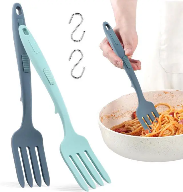 Main image of 2pcs Silicone Flexible Forks, 11.6 Inch Multifunctional Spaghetti Fork, Heat Resistant & Nonstick Cooking Forks with Hooks for Kitchen Stir Mix(COLOR:Lake Blue + Dark Blue)