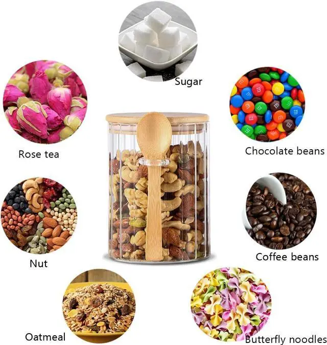 Alt view image 4 of 7 - Glass Jar Sugar Container with Bamboo Spoons Lids, 16 fl.oz Sugar Bowl | Airtight Brown Sugar Jar, Coffee Bar Food Storage Canister, For Candy Salts Spice Cereal Nuts Coffee Tea