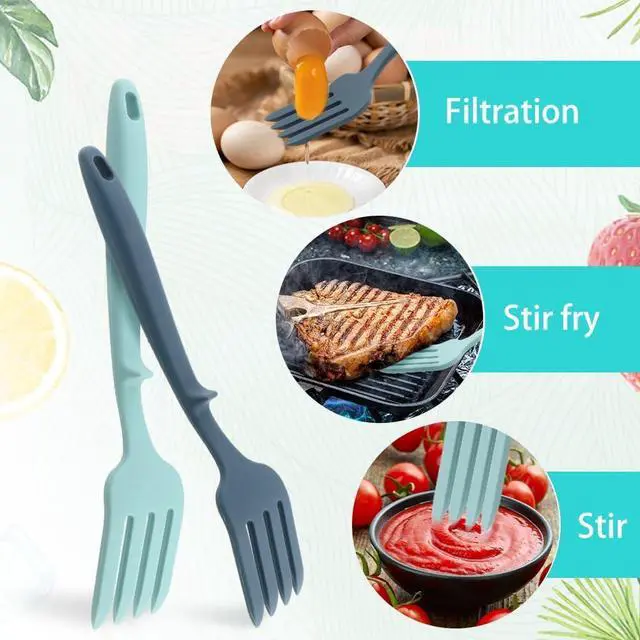 Alt view image 4 of 7 - 2pcs Silicone Flexible Forks, 11.6 Inch Multifunctional Spaghetti Fork, Heat Resistant & Nonstick Cooking Forks with Hooks for Kitchen Stir Mix(COLOR:Lake Blue + Dark Blue)