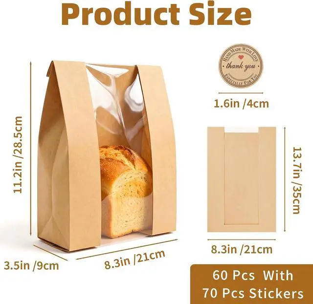 Alt view image 2 of 7 - Homrelaxy 60 Pcs Paper Bread Bags for Homemade Bread Sourdough with Window | Sourdough Bread Bags with 70 Sealing Stickers, Large Brown Bakery Bag, For Bakeries and Gifting
