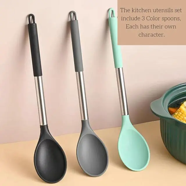 Alt view image 3 of 5 - Silicone Solid Cooking Spoon Set (13.2"), 3-Pack Large Stainless Steel Handle Non Stick Server Spoon Heat Resistant 600°F, Metal Basting Spoon, Kitchen Utensils for Mixing Serving