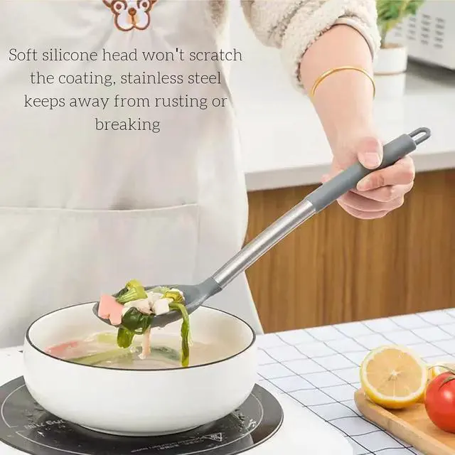 Alt view image 4 of 5 - Silicone Solid Cooking Spoon Set (13.2"), 3-Pack Large Stainless Steel Handle Non Stick Server Spoon Heat Resistant 600°F, Metal Basting Spoon, Kitchen Utensils for Mixing Serving