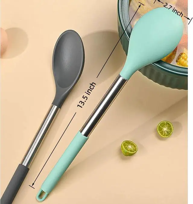 Alt view image 5 of 5 - Silicone Solid Cooking Spoon Set (13.2"), 3-Pack Large Stainless Steel Handle Non Stick Server Spoon Heat Resistant 600°F, Metal Basting Spoon, Kitchen Utensils for Mixing Serving