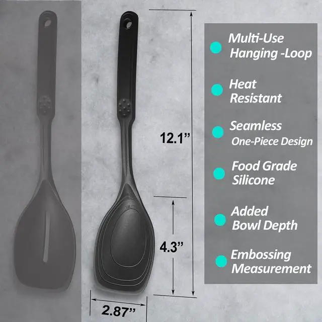 Alt view image 2 of 7 - Large Silicone Cooking Spoon, Deep bowl & Measurement Mark, Solid, Black | 12 IN, Non-stick & Flat Edge Basting Spoon for Mixing, Serving, Scraping, BPA-Free, Seamless, Heat Resistant Kitchen Utensil