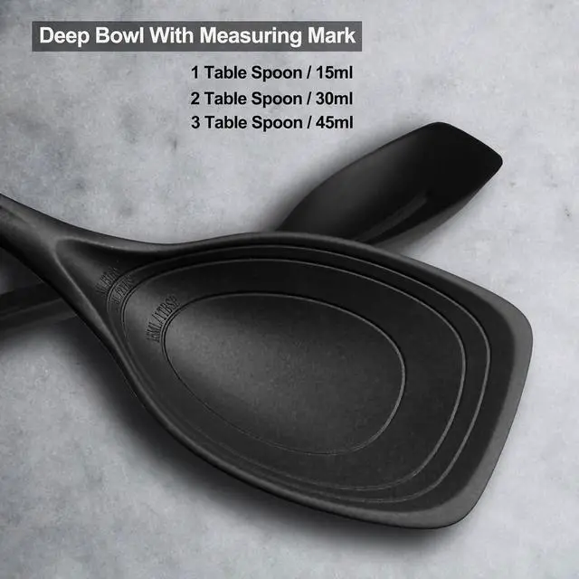 Alt view image 3 of 7 - Large Silicone Cooking Spoon, Deep bowl & Measurement Mark, Solid, Black | 12 IN, Non-stick & Flat Edge Basting Spoon for Mixing, Serving, Scraping, BPA-Free, Seamless, Heat Resistant Kitchen Utensil