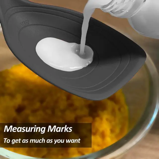 Alt view image 5 of 7 - Large Silicone Cooking Spoon, Deep bowl & Measurement Mark, Solid, Black | 12 IN, Non-stick & Flat Edge Basting Spoon for Mixing, Serving, Scraping, BPA-Free, Seamless, Heat Resistant Kitchen Utensil
